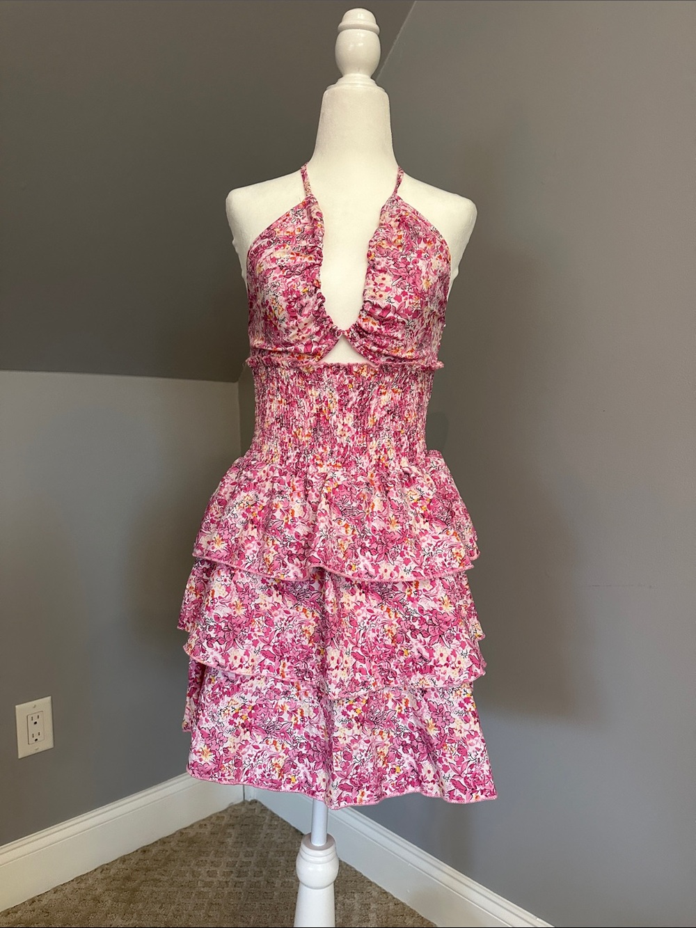 Pink Floral Halter Tiered Mini Dress